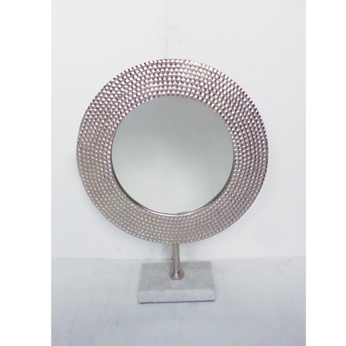 Mercer41 Round Mirror on Stand Contemporary Glam Hammered Silver Mirror on Marble Stand
